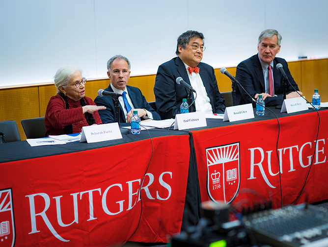 Deborah Poritz speaks alongside fellow panelists Paul Fishman, Ronald Chen, and Russell Deyo